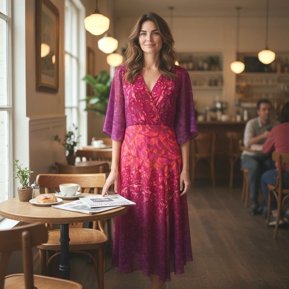 Ashro Faux Wrap Dress 
Magenta, purple, dark coral
Size 8